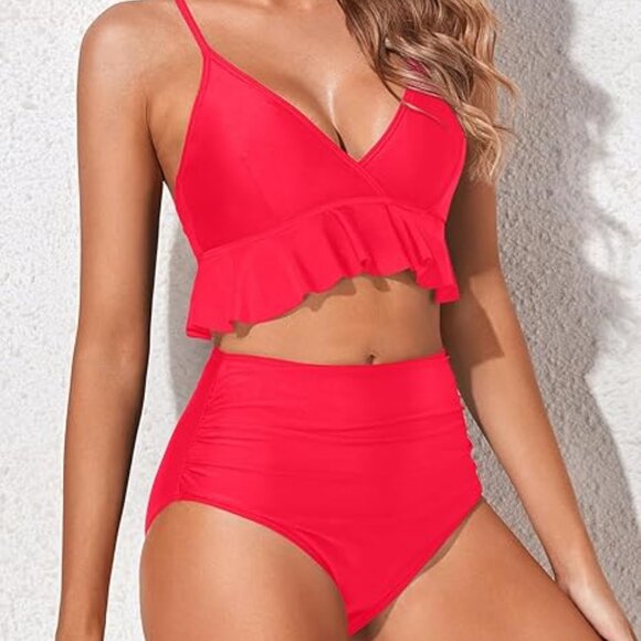 Women Two Piece Swimsuits High Waisted Bikini Set Ruffle Size XL - Picture 3 of 6